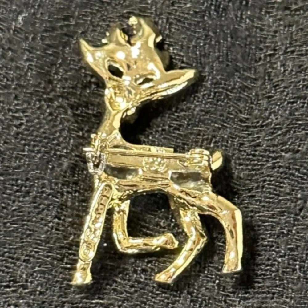 Vintage GERRY'S Reindeer Brooch Holly Gold Tone Christmas Deer Pin
